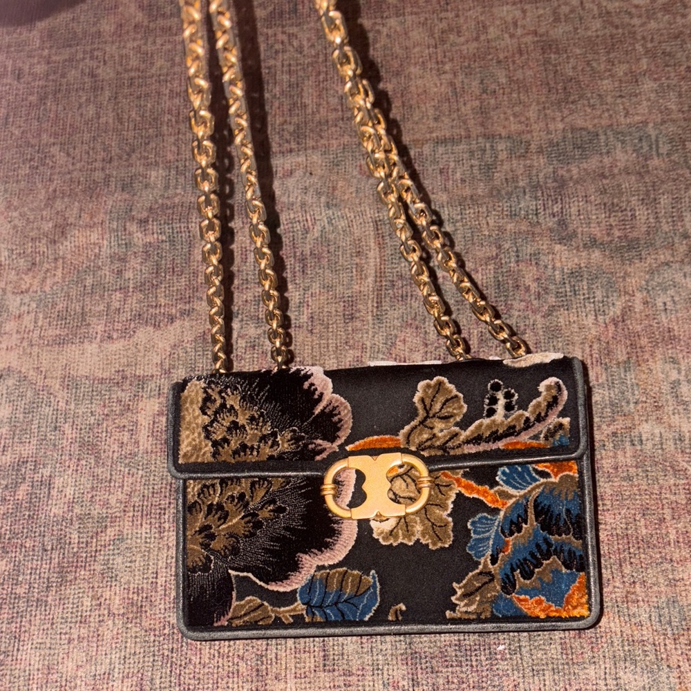 TORY BURCH velvet Floral Embroidered Black and Gold Chain Bag